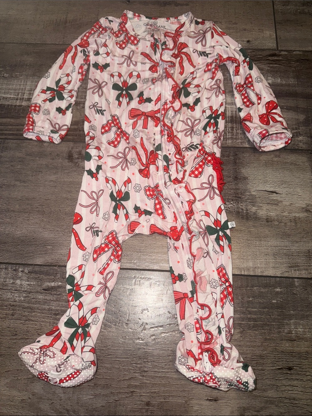 Caden Lane Pink Holiday Bow & Candy Cane Footed One-Piece